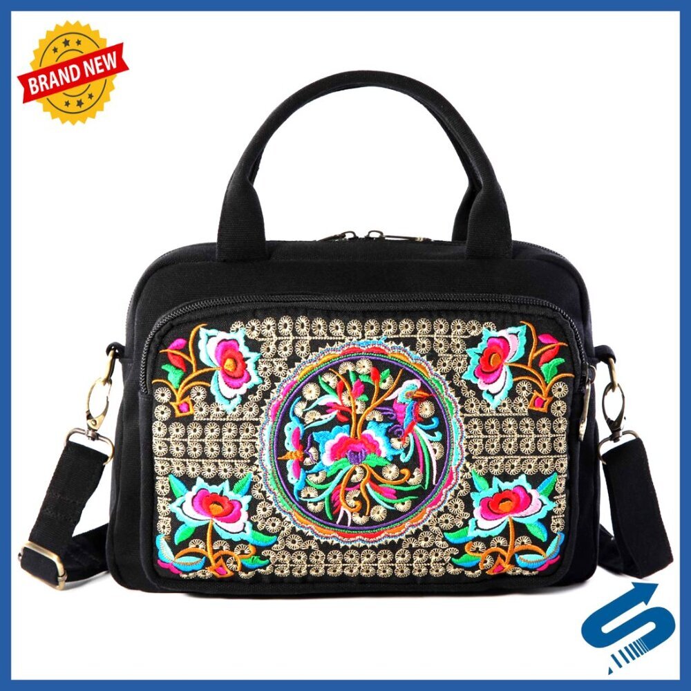 Embroidered Canvas Crossbody Bag Top Handle Handbag Chic Casual Boho Style